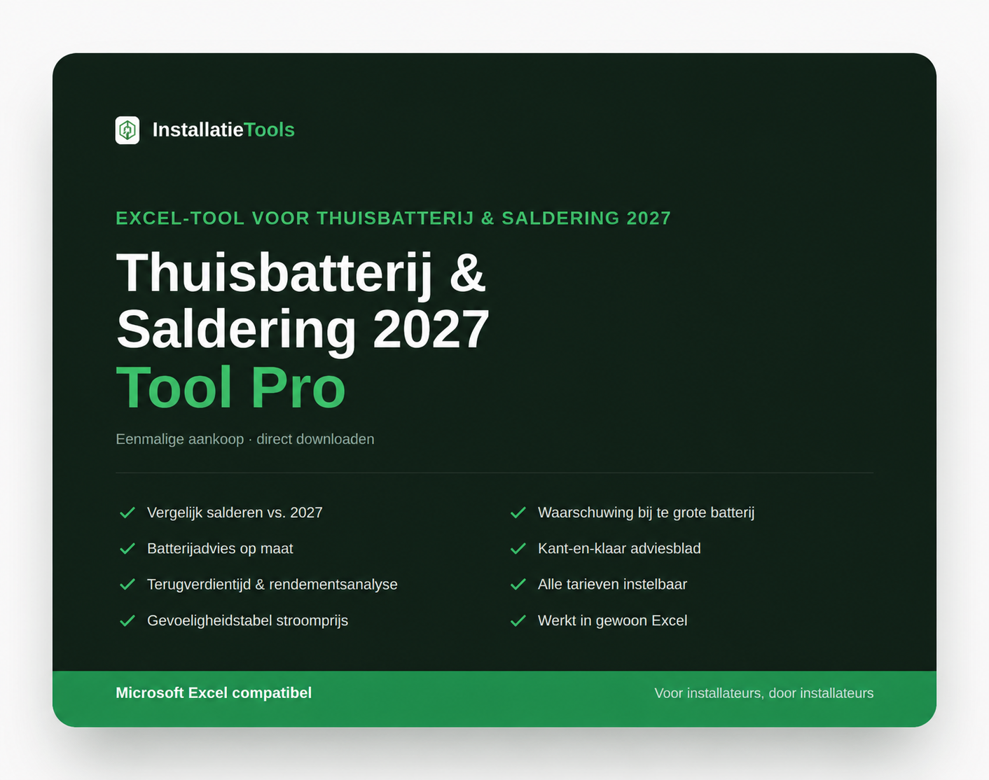Thuisbatterij & Saldering 2027 Tool Pro – Excel-tool voor thuisbatterij-advies, productafbeelding